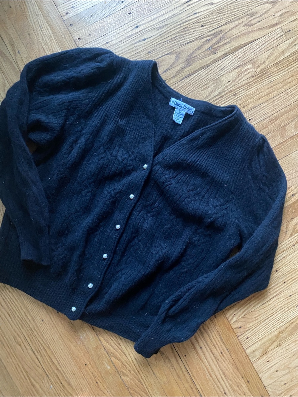 David Meister Black Cable-Knit Cardigan with Pearl Buttons
